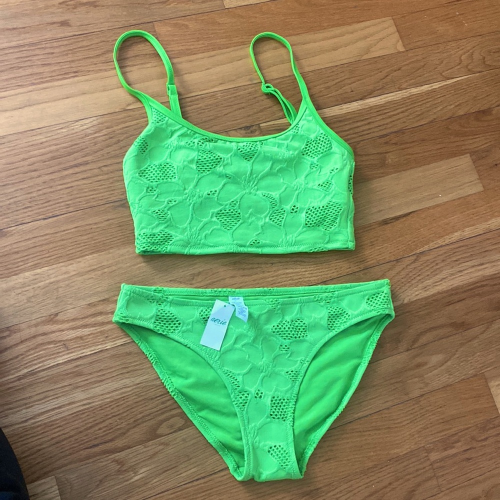 AERIE JACQUARD LONGLINE SCOOP BIKINI TOP AND BOTTOM
